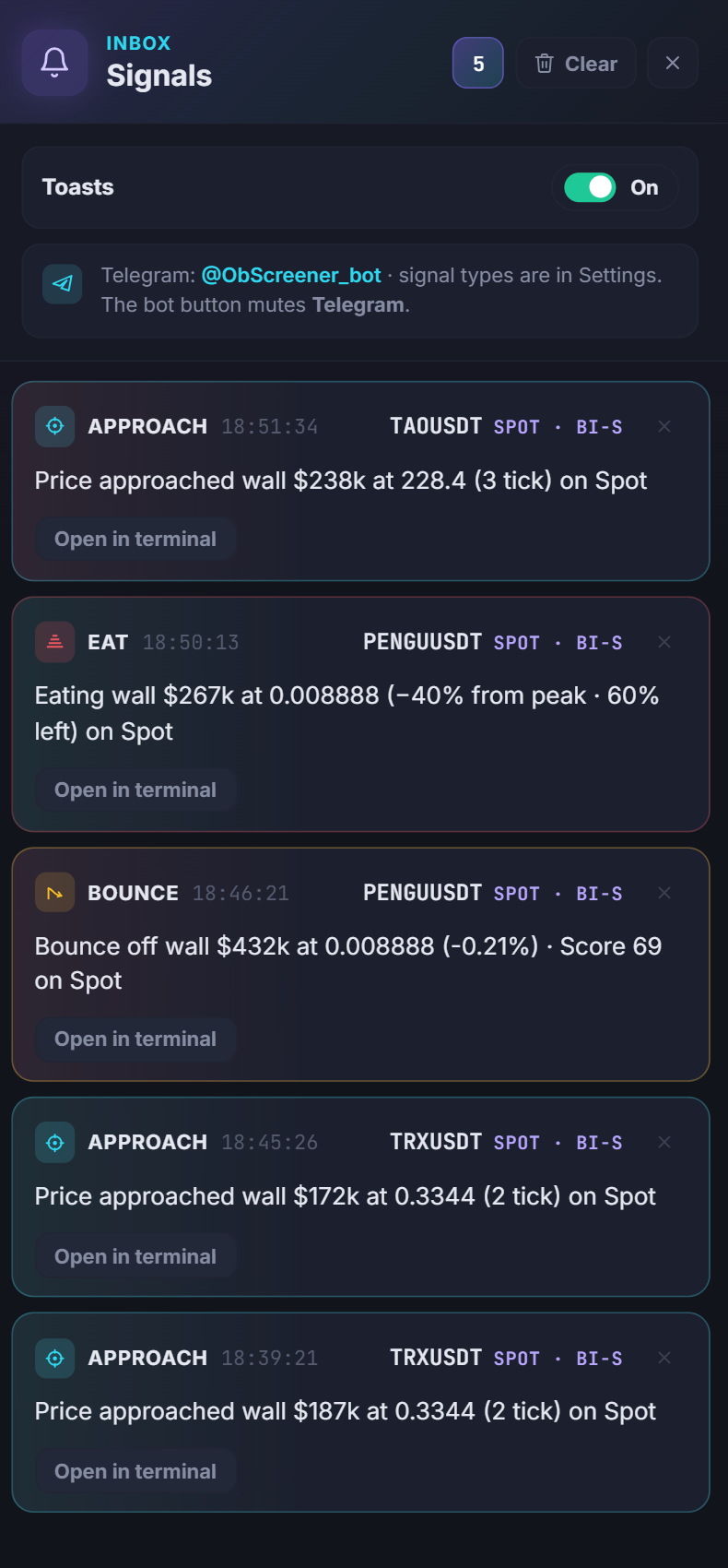 Signal feed showing Approach, Eat and Bounce cards